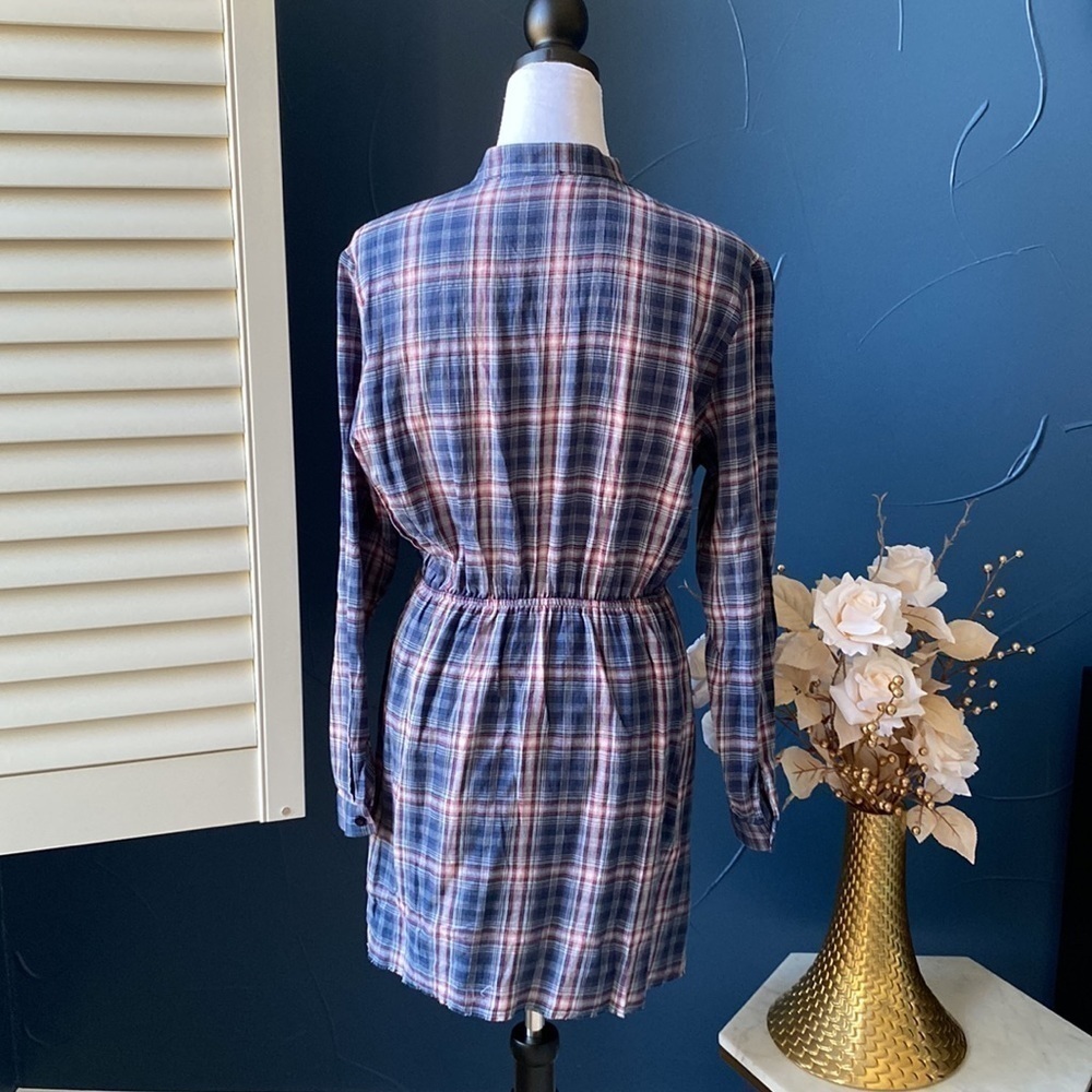 PINK LILY Plaid Elastic Waist Dress Button Down Long Sleeve Navy Red Blue - Picture 7 of 15
